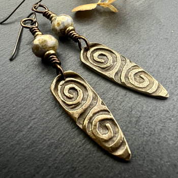 Bronze Shield Earrings, Celtic Spiral Texture, Czech Glass Beads, Hypoallergenic Ear Wires, Light Dangle Earrings, Teardrop Shield, Handmade