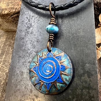 Celtic Sun Spiral Necklace, Copper Patina Pendant, Czech Glass Beads, Irish Celtic Spirals, Colorful Sun, Summer Jewelry, Pagan Celtic Witch