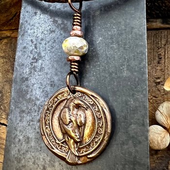 Raven Copper Pendant, Irish Celtic, Czech Glass, Leather & Vegan Cords, Corvids Bird Lovers, Handmade Art Jewelry, Celtic Witch, Messengers