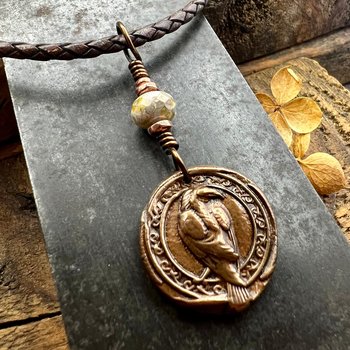 Raven Copper Pendant, Irish Celtic, Czech Glass, Leather & Vegan Cords, Corvids Bird Lovers, Handmade Art Jewelry, Celtic Witch, Messengers