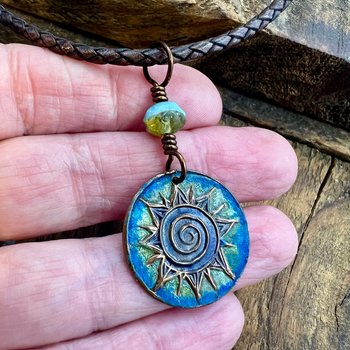 Celtic Sun Spiral Necklace, Copper Patina Pendant, Czech Glass Bead, Irish Celtic Spirals, Colorful Sun, Blue Green, Pagan Celtic Witch Gift