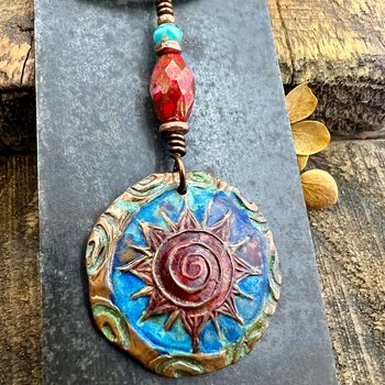 Celtic Sun Spiral Necklace, Copper Patina Pendant, Czech Glass Beads, Irish Celtic Spirals, Colorful Sun, Blue Red, Pagan Celtic Witch Gift