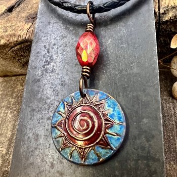 Celtic Sun Spiral Necklace, Copper Patina Pendant, Czech Glass Beads, Irish Celtic Spirals, Colorful Sun, Summer Jewelry, Pagan Celtic Witch