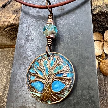 Tree of Life Pendant, Copper Colorful Patina, Connemara Marble, Hand Carved, Irish Celtic Spirals, Celtic Witch Goddess, Ancient Earthy Art