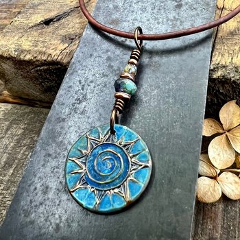 Celtic Sun Spiral Necklace, Copper Patina Pendant, Czech Glass Beads, Irish Celtic Spirals, Colorful Sun, Summer Jewelry, Pagan Celtic Witch