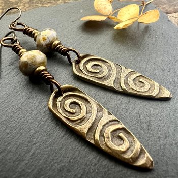 Bronze Shield Earrings, Celtic Spiral Texture, Czech Glass Beads, Hypoallergenic Ear Wires, Light Dangle Earrings, Teardrop Shield, Handmade