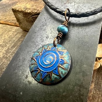 Celtic Sun Spiral Necklace, Copper Patina Pendant, Czech Glass Beads, Irish Celtic Spirals, Colorful Sun, Summer Jewelry, Pagan Celtic Witch