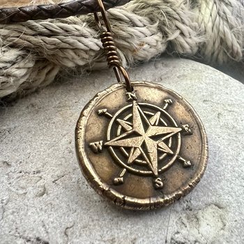Compass Rose Charm, Bronze Compass Necklace, Nautical, Boats Sailing Sea, Protection Guidance Talisman, Men's Unisex Jewelry, Rustic Seaworn
