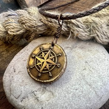 Compass Rose Charm, Bronze Compass Necklace, Nautical, Boats Sailing Sea, Protection Guidance Talisman, Men's Unisex Jewelry, Rustic Seaworn