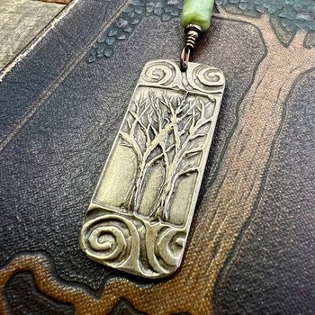 Bronze Two Trees Pendant, Irish Celtic Spirals, Connemara Marble, Leather & Vegan Cords, Earthy Rustic, Branches Roots, Celtic Green Witch