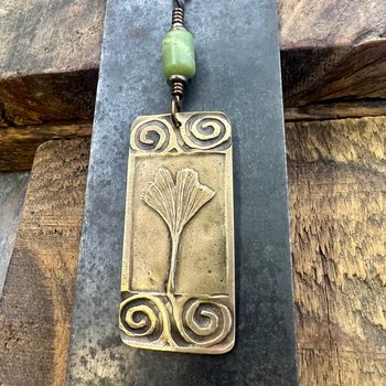 Bronze Ginkgo Leaf Pendant, Irish Celtic Spirals, Connemara Marble, Leather & Vegan Cords, Earthy Rustic, Celtic Green Witch