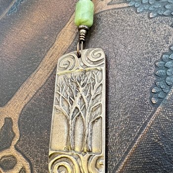Bronze Two Trees Pendant, Irish Celtic Spirals, Connemara Marble, Leather & Vegan Cords, Earthy Rustic, Branches Roots, Celtic Green Witch