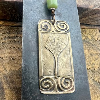Bronze Ginkgo Leaf Pendant, Irish Celtic Spirals, Connemara Marble, Leather & Vegan Cords, Earthy Rustic, Celtic Green Witch
