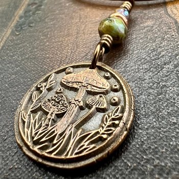 Mushroom Copper Pendant, Wax Seal Charm, Czech Glass Beads, Earth Witch Jewelry, Earthy Rustic, Leather & Vegan Cords, Fungi Mycelium Lover