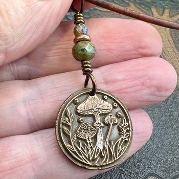 Mushroom Copper Pendant, Wax Seal Charm, Czech Glass Beads, Earth Witch Jewelry, Earthy Rustic, Leather & Vegan Cords, Fungi Mycelium Lover