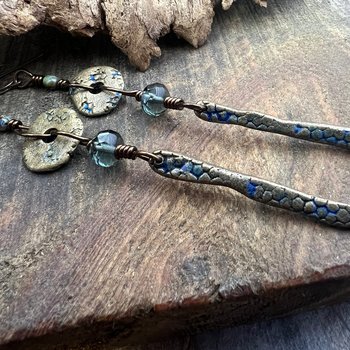 Bronze Dangle Drop Earrings, Coral Fossil Texture, Czech Glass Beads, Bronze and Blue, Hypoallergenic Niobium Ear Wires, Earthy Primitive