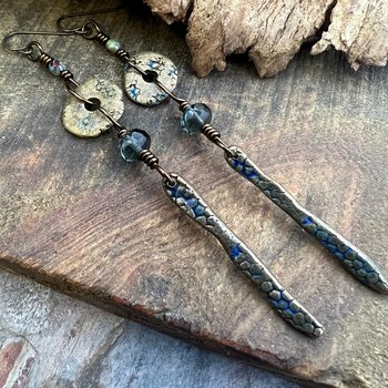 Bronze Dangle Drop Earrings, Coral Fossil Texture, Czech Glass Beads, Bronze and Blue, Hypoallergenic Niobium Ear Wires, Earthy Primitive