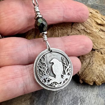 Raven Charm, Sterling Silver, Irish Celtic Lore, Leather Vegan Cords, Stainless Steel Chain, Crow Corvid, Wax Seal Charm, Celtic Pagan Witch