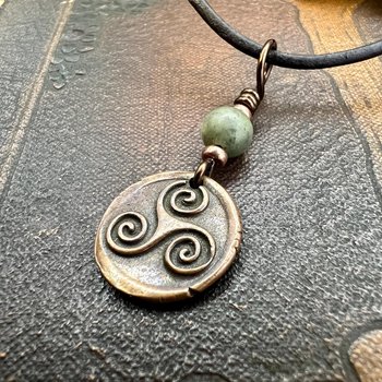 Triskele Charm, Copper Necklace, Wax Seal Charm, Connemara Marble, Irish Celtic Pagan, 7 Anniversary, Celtic Witch, Triskelion Triple Spiral