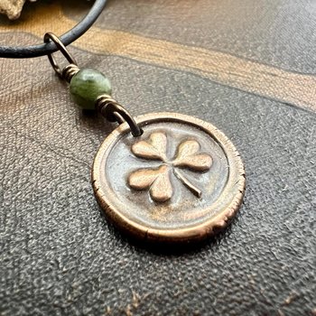 Shamrock Clover Charm, Copper Wax Seal Charm, Connemara Marble, Irish Celtic Jewelry, Leather & Vegan Cords, Handmade, Soul Harbor Jewelry