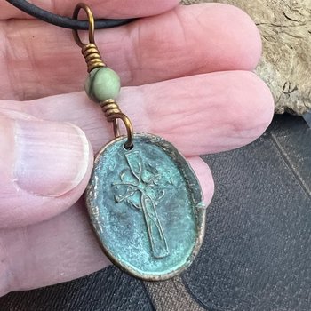 Copper Celtic Cross, Wax Seal Charm, Connemara Marble, Irish Celtic, Copper Cross Necklace, Leather Vegan Cord, Verdigris Patina, Aged Metal