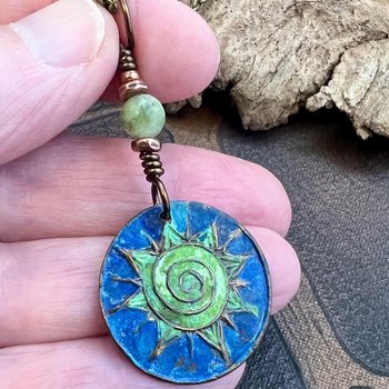 Celtic Sun Spiral Necklace, Copper Patina Pendant, Connemara Marble Bead, Irish Celtic Spirals, Colorful Sun, Pagan Celtic Witch, Handmade