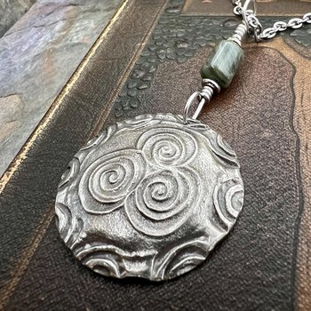Newgrange Spirals, Sterling Silver Pendant, Connemara Marble, Irish Celtic, Triskele Triskelion, Triple Spiral, Celtic Pagan Witch, Handmade