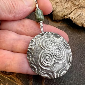 Newgrange Spirals, Sterling Silver Pendant, Connemara Marble, Irish Celtic, Triskele Triskelion, Triple Spiral, Celtic Pagan Witch, Handmade