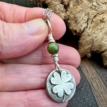 Four Leaf Clover, Sterling Silver, Wax Seal Charm, Connemara Marble, Irish Celtic Jewelry, Pagan Celtic Witch, 4 Leaf, Luck of the Irish