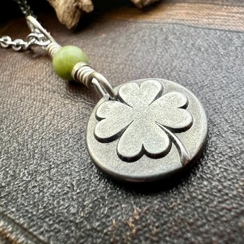 Four Leaf Clover, Sterling Silver, Wax Seal Charm, Connemara Marble, Irish Celtic Jewelry, Pagan Celtic Witch, 4 Leaf, Luck of the Irish