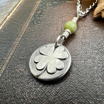 Four Leaf Clover, Sterling Silver, Wax Seal Charm, Connemara Marble, Irish Celtic Jewelry, Pagan Celtic Witch, 4 Leaf, Luck of the Irish