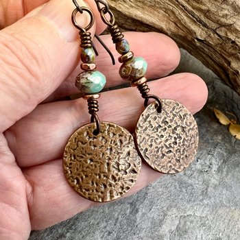 Copper Disc Earrings, Czech Glass Beads, Hypoallergenic Ear Wires, Earthy Tribal, Boho Chic Style, Dangle Discs, Soul Harbor Jewelry