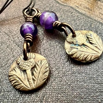 Scottish Thistle Earrings, Outlander Jewelry, Bronze Anniversary, Gifts for Her, Scotland Gifts, Amethyst Beaded Earrings