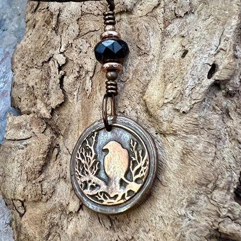 Copper Raven, Wax Seal Charm, Irish Celtic, Czech Glass, Leather & Vegan Cords, Crow Corvid, Handmade Art Jewelry, Celtic Witch, Messengers