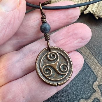 Triskele Charm, Copper Necklace, Wax Seal Charm, Connemara Marble, Irish Celtic Pagan, 7 Anniversary, Celtic Witch, Triskelion Triple Spiral