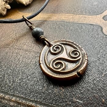 Triskele Charm, Copper Necklace, Wax Seal Charm, Connemara Marble, Irish Celtic Pagan, 7 Anniversary, Celtic Witch, Triskelion Triple Spiral