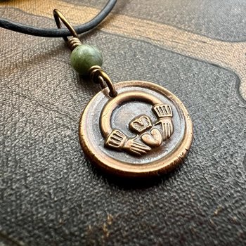 Copper Claddagh Charm, Wax Seal Charm, Connemara Marble, Irish Celtic Jewelry, Pagan, 7th Anniversary, Love, Friendship, Loyalty, Handmade
