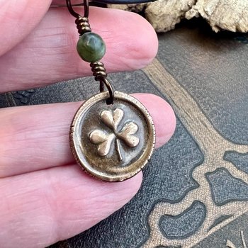 Shamrock Clover Charm, Copper Wax Seal Charm, Connemara Marble, Irish Celtic Jewelry, Leather & Vegan Cords, Handmade, Soul Harbor Jewelry