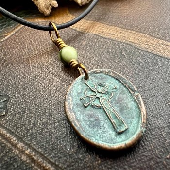 Copper Celtic Cross, Wax Seal Charm, Connemara Marble, Irish Celtic, Copper Cross Necklace, Leather Vegan Cord, Verdigris Patina, Aged Metal