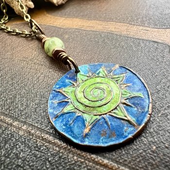 Celtic Sun Spiral Necklace, Copper Patina Pendant, Connemara Marble Bead, Irish Celtic Spirals, Colorful Sun, Pagan Celtic Witch, Handmade