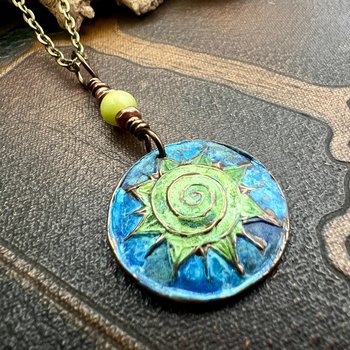 Celtic Sun Spiral Necklace, Copper Patina Pendant, Connemara Marble Bead, Irish Celtic Spirals, Colorful Sun, Pagan Celtic Witch, Handmade