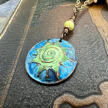 Celtic Sun Spiral Necklace, Copper Patina Pendant, Connemara Marble Bead, Irish Celtic Spirals, Colorful Sun, Pagan Celtic Witch, Handmade