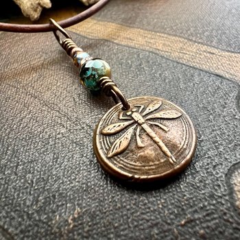 Copper Dragonfly Charm, Czech Glass Beads, Dragonfly Necklace, Leather & Vegan Cords, Flower, Earthy Nature Gifts, Transformation, Two Sided
