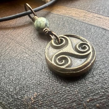 Triskele Bronze Charm, Wax Seal Charm, Connemara Marble Bead, Irish Celtic, 8 Anniversary, Celtic Witch, Triskelion Triple Spiral, Pagan