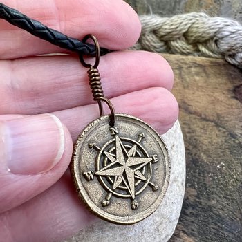 Compass Rose Charm, Bronze Compass Necklace, Nautical Sailing Gifts, Protection Guidance Talisman, Men's Jewelry, Grad Gifts, Handmade Art