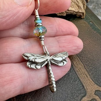 Dragonfly, Sterling Silver Charm, Czech Glass, Silver Dragonfly Necklace, Leather & Vegan Cords, Stainless Steel Chain, Earthy Nature Gifts