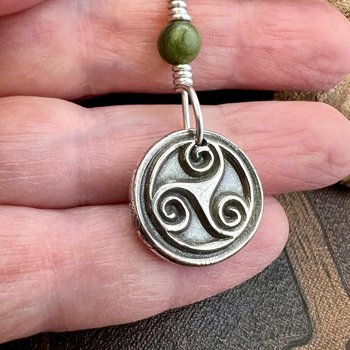 Sterling Silver Triskele, Connemara Marble Bead,  Wax Seal Charm, Irish Celtic Jewelry, Triple Spiral, Triskelion, Triple Goddess, Trinity