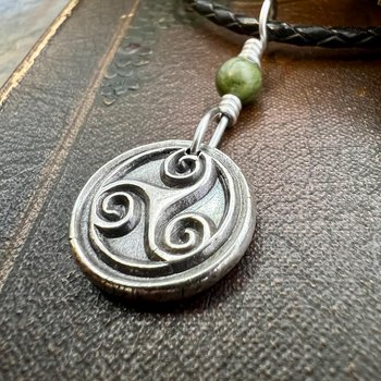 Sterling Silver Triskele, Connemara Marble Bead,  Wax Seal Charm, Irish Celtic Jewelry, Triple Spiral, Triskelion, Triple Goddess, Trinity
