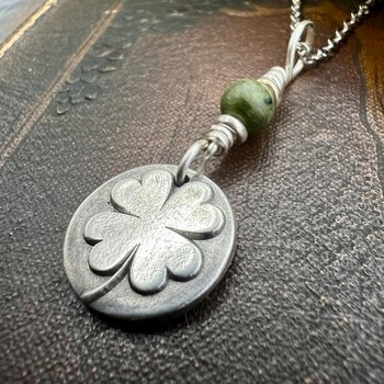 Four Leaf Clover, Sterling Silver, Wax Seal Charm, Connemara Marble, Irish Celtic Jewelry, Pagan Celtic Witch, 4 Leaf, Luck of the Irish