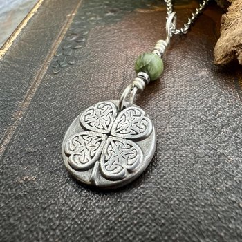 Four Leaf Clover, Sterling Silver, Wax Seal Charm, Connemara Marble, Irish Celtic Jewelry, Pagan Celtic Witch, 4 Leaf, Luck of the Irish